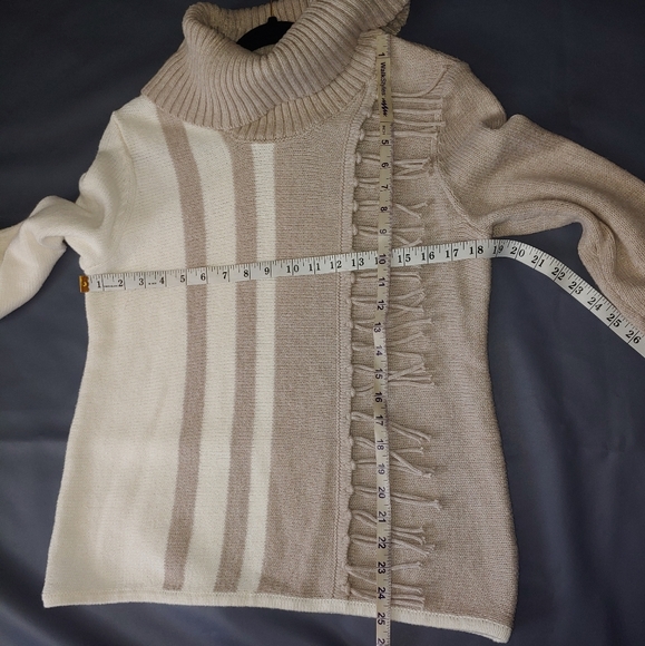 Chico's Colorblock Ivory Taupe Fringe-Trim Pullover Knit Cowl Neck Sweat… - Picture 5 of 8